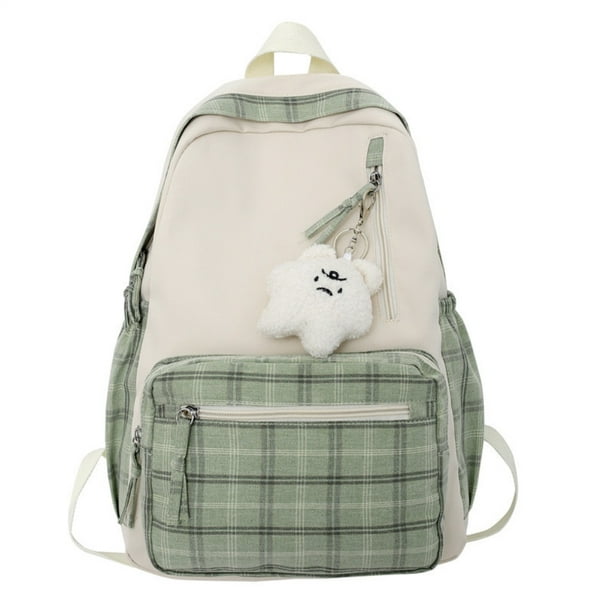 Mochila A Cuadros Con Colgante De Felpa, Ligera, De Gran Capacidad, Mochila Para Estudiantes, Mochila Escolar, Mochila Informal Para Viajes Al Aire Libre, Camping, Picnic.