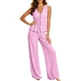 thumbnail image 3 of Vivianyo HD Women's Striped V-Neck Sleeveless Tie Waist Peplum Top and Wide Leg Pants Set, Two Piece Sets for Women Textured Outfit, Women's Pink, Sizes S-XL, 3 of 8