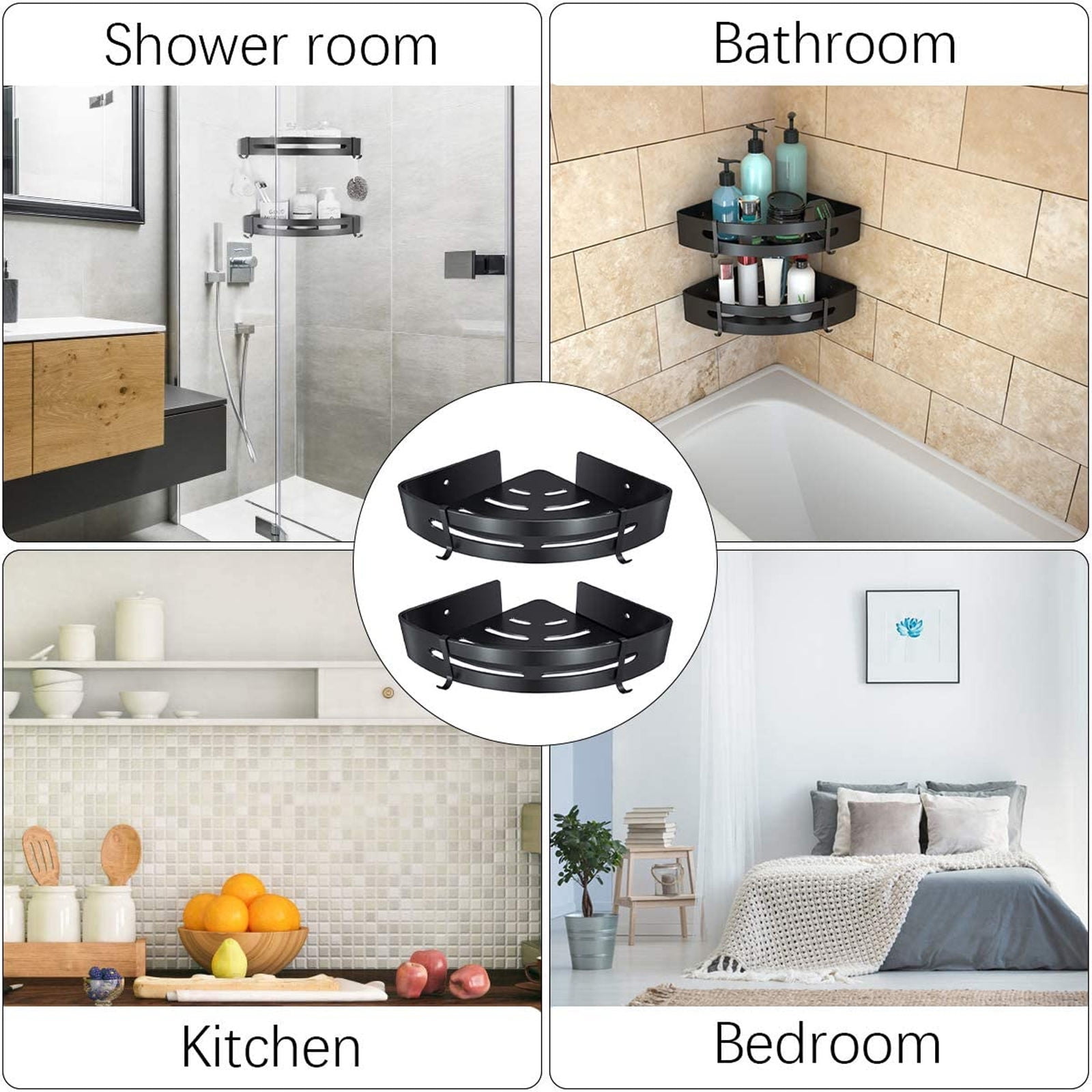 EXHUMKY 2-Pack Black Metal Corner Wall Shelves, Space-Saving Bathroom and Shower Storage Organizer for Home