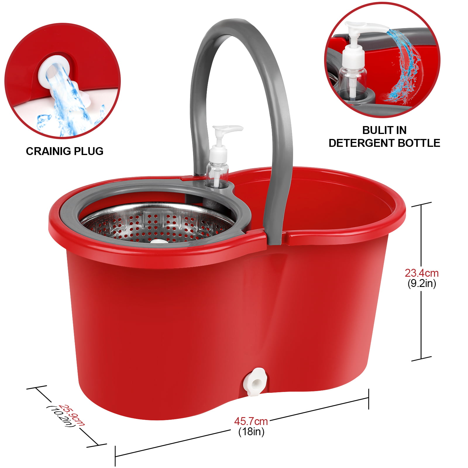 Microfiber EasyWring 360° Head Spin Dry Floor Mop Bucket - Red, 1