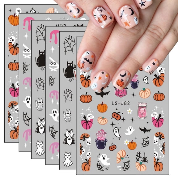 SELVORIA Halloween Nail Art Stickers Cute Ghost Pumpkin 3D Self-Adhesive Nail Decals Bat Cat Skull Designs Nail Decorations Halloween DIY Manicure Supplies for Women Girls&Kids 6Pcs