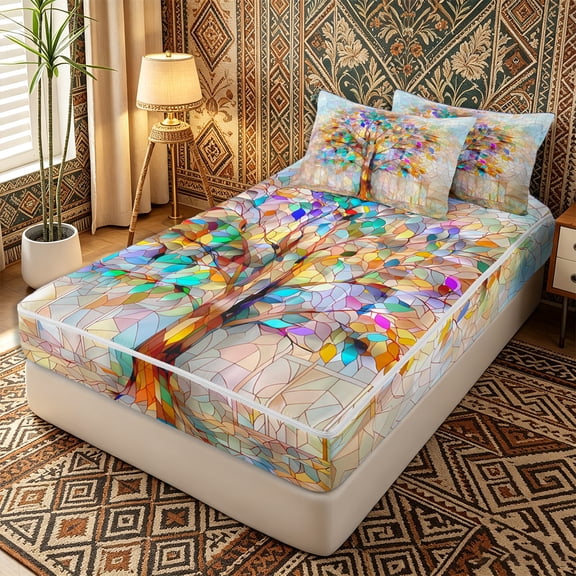Erosebridal Vibrant Stained Glass Tree of Life Zipper Twin Comforter Sets with Fitted Sheet and 2 Pillowcases,Mosaic Tile Texture Zipper Bedding Set,Blue Green Yellow,4-Piece,Reversible