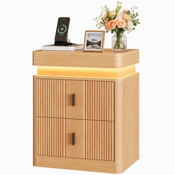 Seetech Nightstand with 2 Drawers and Charging Station, Modern Wood LED Bedside Table, Natural