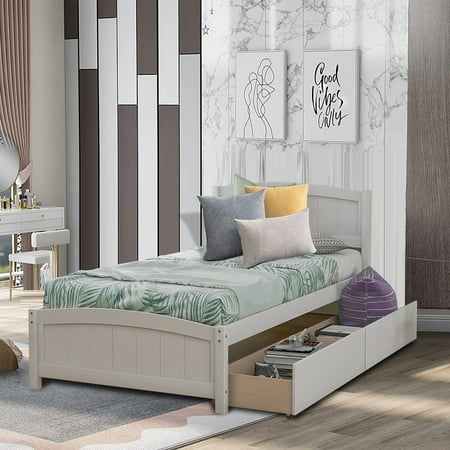 Twin Size Platform Bed with 2 Stoarge Drawers No Box Spring Needed Twin Size Bed Frame with Headboard and Footboard (White)