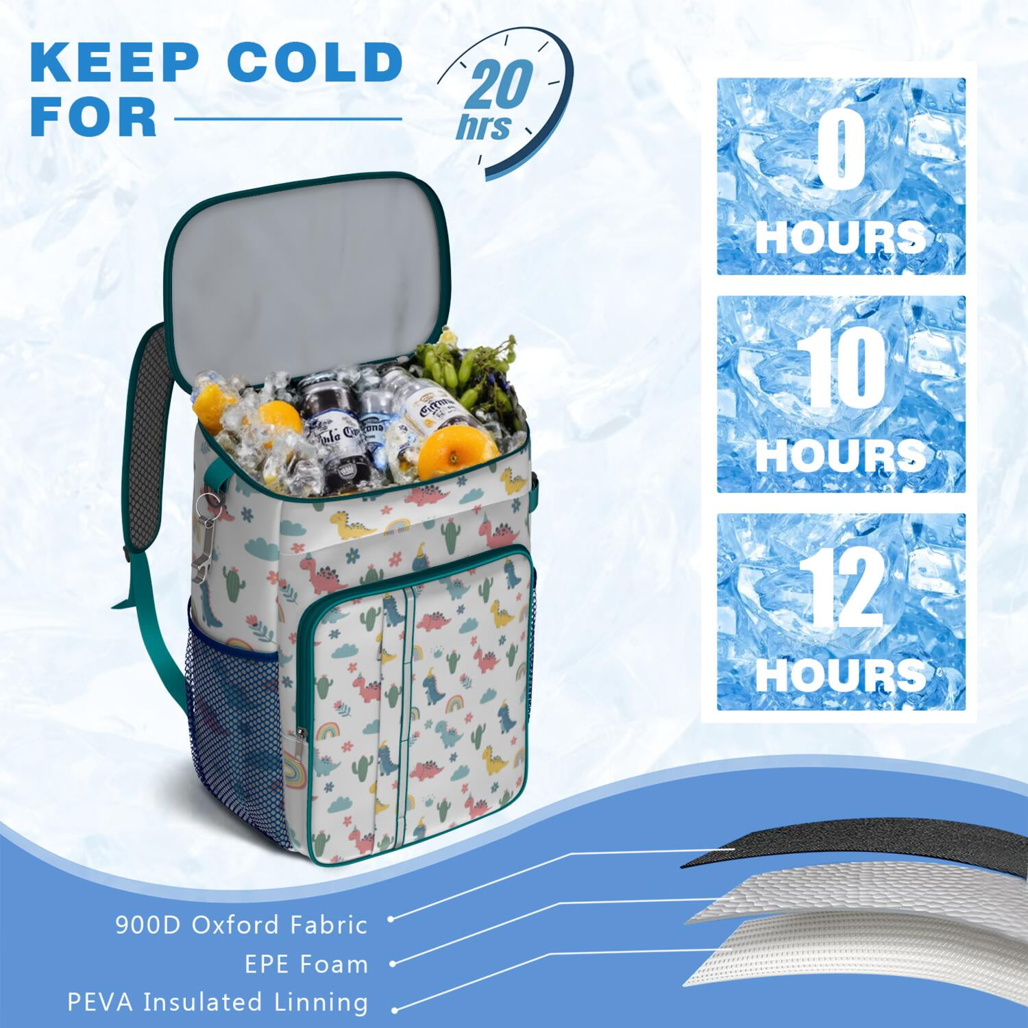Travel Cooler Bag - White Dinosaurs Rainbows Cacti Pattern Camping Beer Cooler Backpack with Bottle Opener- Waterproof Insulated Picnic Backpacks - Cooler Bag for Beach