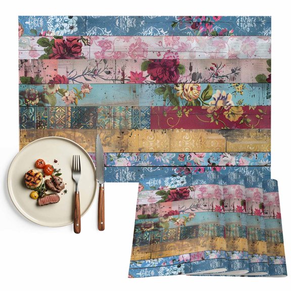 Vintage Floral Placemats Set of 4, Farmhouse Botanical Flowers Washable Wipeable Table Mats for Dining Tables, Indoor Outdoor Kitchen Place Mats for Holiday Party Table Decor