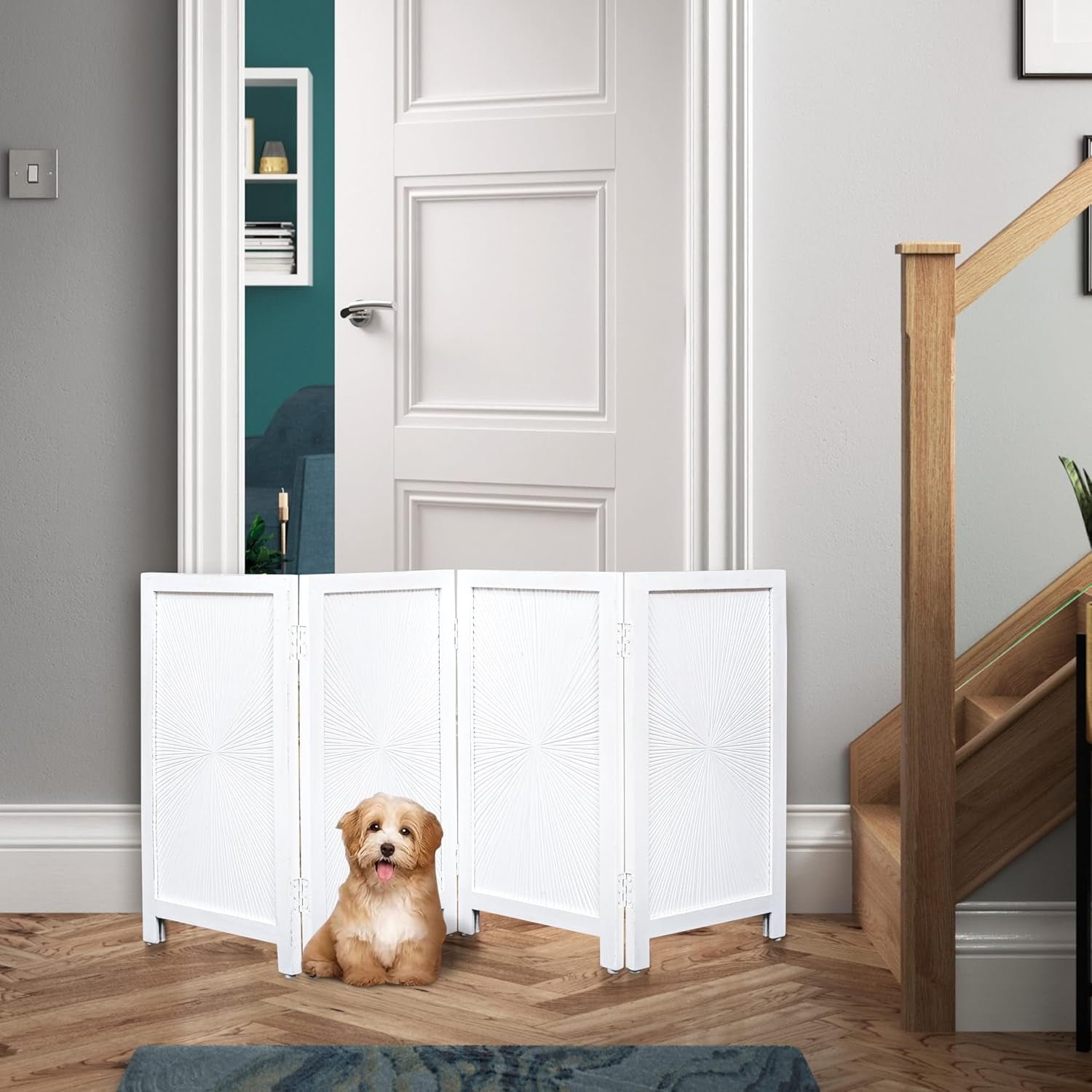 Bedding Craft Solid Wood Foldable 4 Panel Indoor Pet Gate, 56x28 inch, Antique White