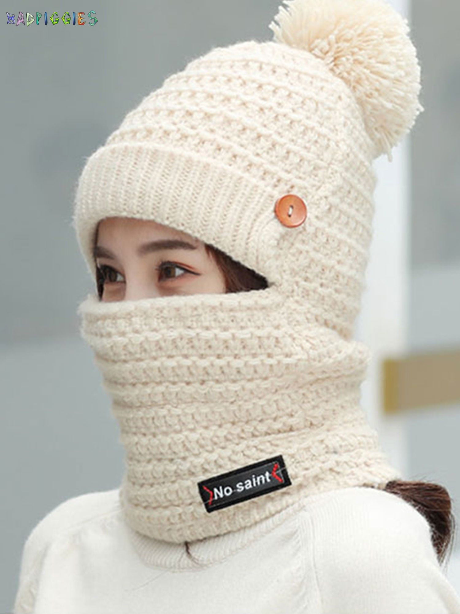 Womens Knit Beanie with Pom Pom Neck Warmer Cold Weather Gaiter USB Heated Hat Scarf Set Ski Caps Winter Hats 