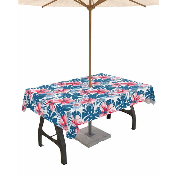 Fsddascl Blue Red Botanical Outdoor Tablecloth - 60x102 Inch Rectangle Dining Table Cover, Tropical Plants Summer Flowers Waterproof Outdoor Table Cloth with Umbrella Hole & Zipper for Picnic/Patio