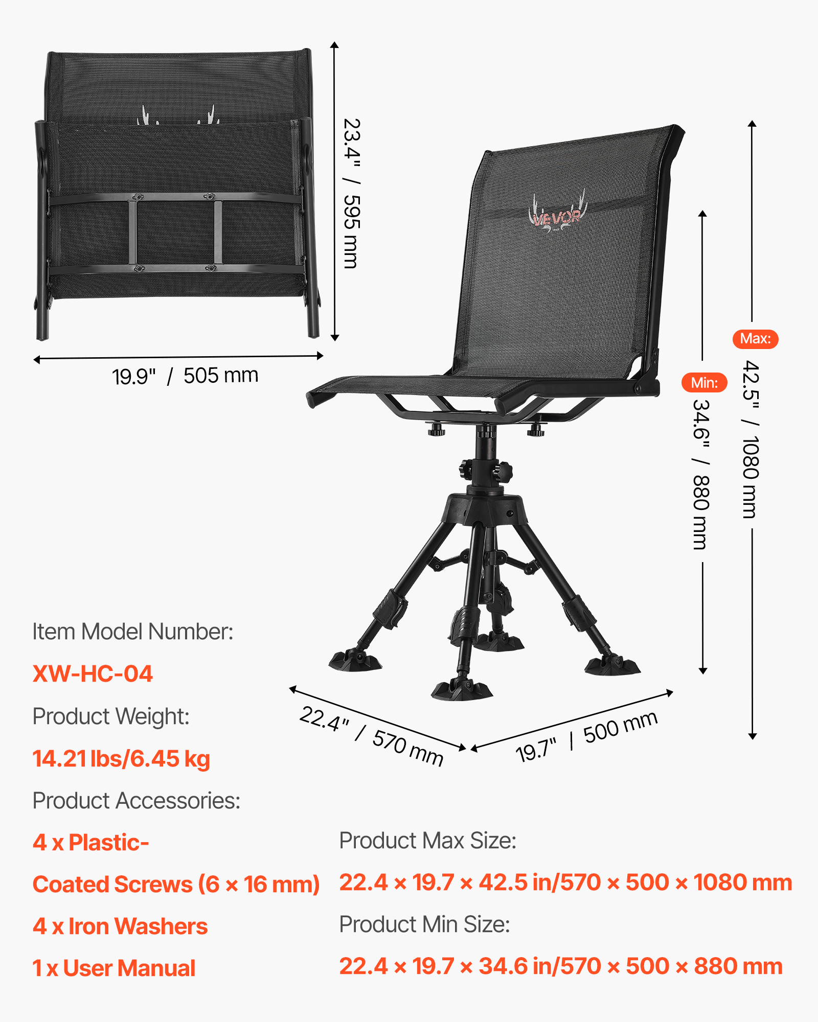 VEVOR Hunting Chair, 360° Silent Swivel, Foldable Portable Blind Chair, Heavy-Duty Steel Frame Ground Stool Seat with Anti-Sink Swivel Feet, Height Adjustable, 350 Lbs Capacity for Fishing Camping