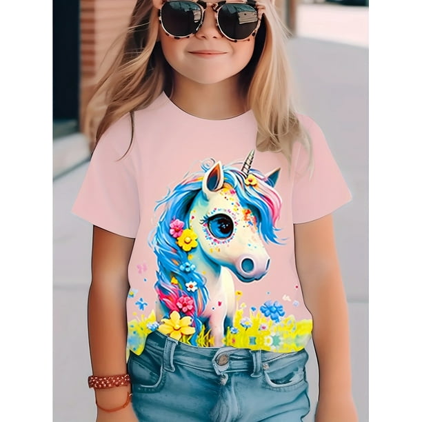 Nueva camiseta de manga corta con estampado digital 3D de unicornio de moda para niñas
