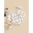 thumbnail image 3 of Baby Girls Floral Print Puff Rompers Long Sleeve Round Neck Ruched One-Piece Romper Playsuit with Headband, 3 of 7