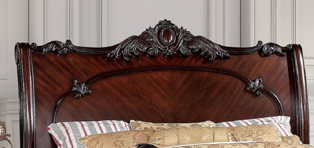 Formal Traditional Elegant Carved Sleigh Bed Brown Cherry Solid wood Queen Size Bed Bedroom Furniture 1pc Bed Intricate Carving - image 2 of 5