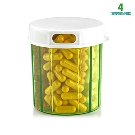 Pill Organizer Dispenser with 4 Compartments, Holder for Medication, Vitamins & Supplements Round Bottle Daily Pill Case Reminder Box