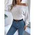 thumbnail image 5 of Womens Off the Shoulder Sweater Solid Cable Knitted Pullover Jumper Top Casual Long Sleeve Cropped Sweaters White S, 5 of 9