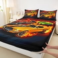 thumbnail image 4 of Castle Fairy Vintage Muscle Car Queen Sheet Sets 4 Pieces for Kids, Flame Track Art Bed Set for Bedroom, Orange Black, 4 of 6