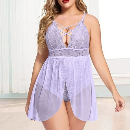 XWSHYW Womens Sleepwear Clearance Plus Size Solid Color Lace Bra and Panty Sets Sexy Crew Neck Sleeveless Pajamas Summer Savings Clearance