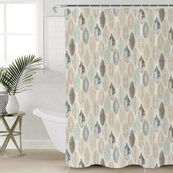 Teal Beige Tropical Leaves Waterproof Fabric Shower Curtain, Farmhouse Burlap Aesthetics Shower Curtain for Bathroom Curtains Bathtubs Hotel Washable Shower Curtains with 12 Hooks Small 36x72in