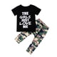 thumbnail image 1 of Pantalones de camuflaje para bebés y niñas pequeñas, camiseta de manga corta con estampado de letras, conjunto de trajes de camuflaje de 2 uds. XBTCLXEBCO Negro, 4-5 años, 1 of 6