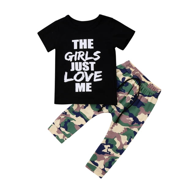 Pantalones de camuflaje para bebés y niñas pequeñas, camiseta de manga corta con estampado de letras, conjunto de trajes de camuflaje de 2 uds. XBTCLXEBCO Negro, 4-5 años
