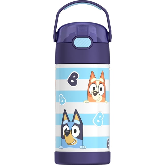 Bouteille d'eau Thermos Funtainer pour enfants, en acier inoxydable à isolation sous vide, 12 oz (355 ml), avec paille rabattable, Modèle Bluey