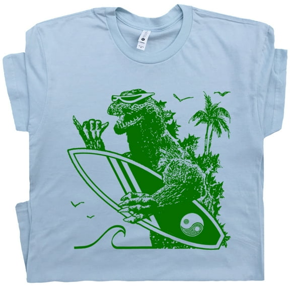Dinosaur Surfing T Shirt Cool Godzilla Vintage Surf Shop Shirts for Men Women Retro Surfer Graphic Tee Japan Santa Cruz Hawaii