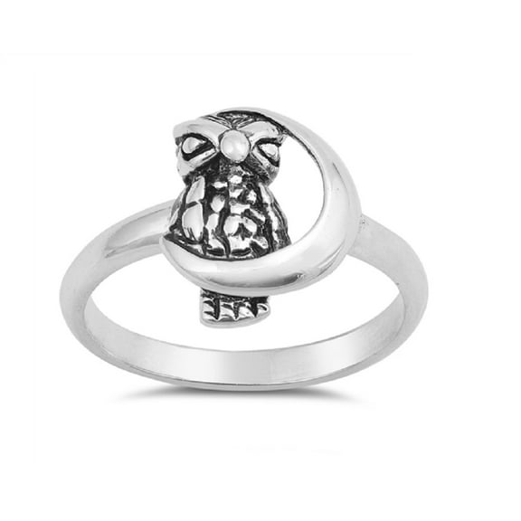Sterling Silver Moon and Owl Plain Band Ring