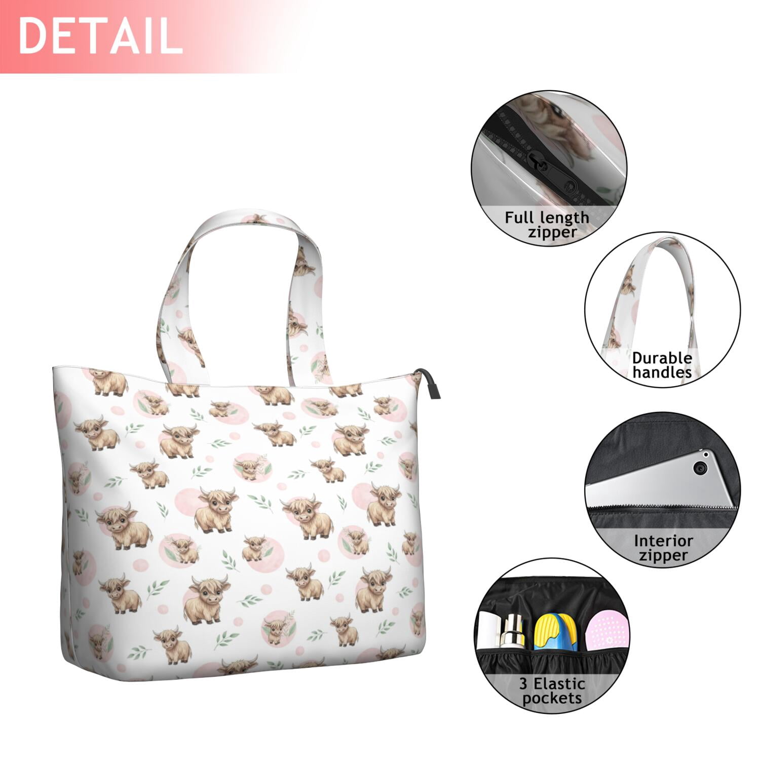 White Highland Cow Pattern Travel Tote Bags for Women Carry On,Large Weekender Bags for Women Travel,Multi Functional Duffle Bag for Work,Shopping,Sports