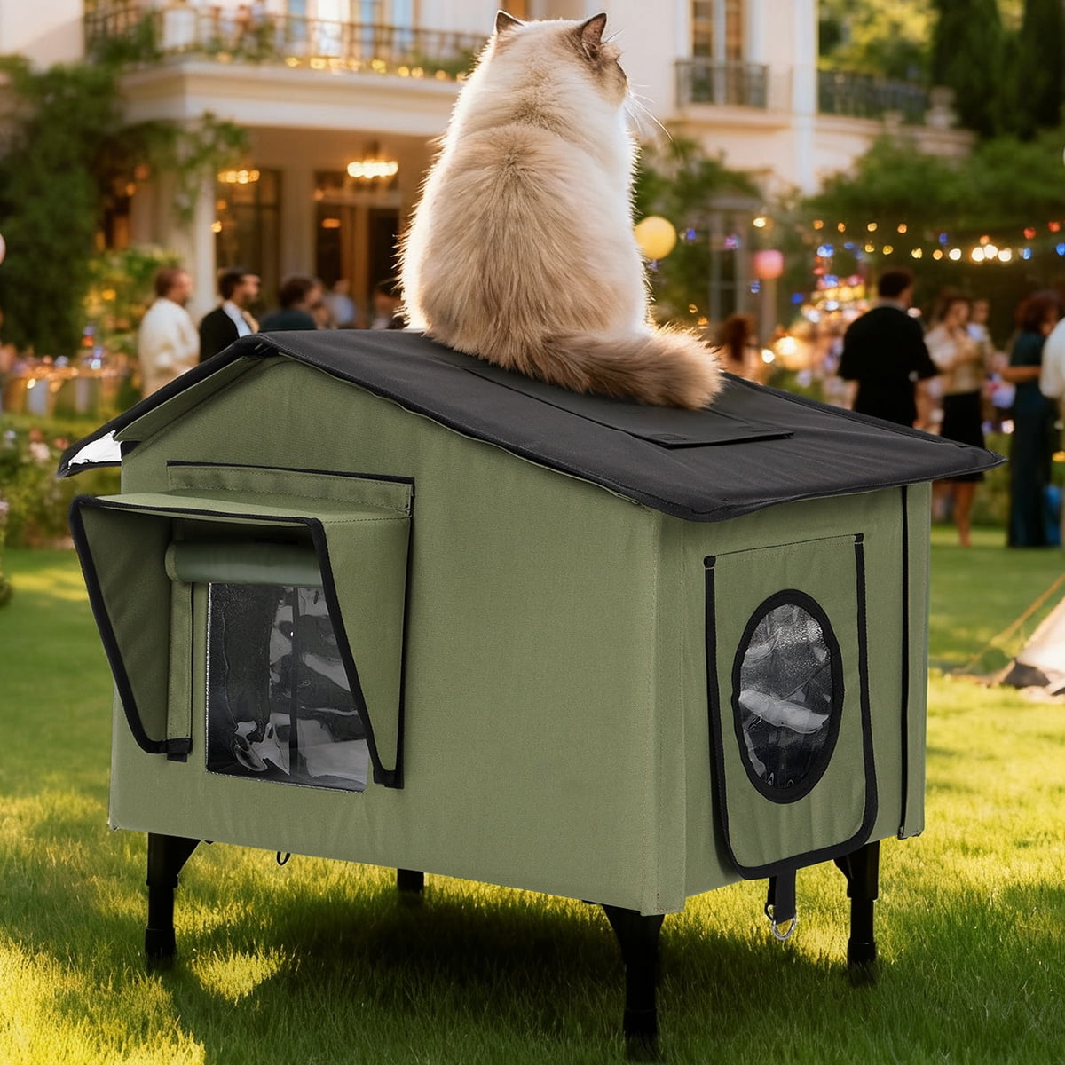 Heated Cat House Outdoor, DOMIPET Waterproof Large Insulated Winter Cat Shelter with Heating Pad for Multiple Cats Small Animals, Elevated Base, Escape Door & Roof Window