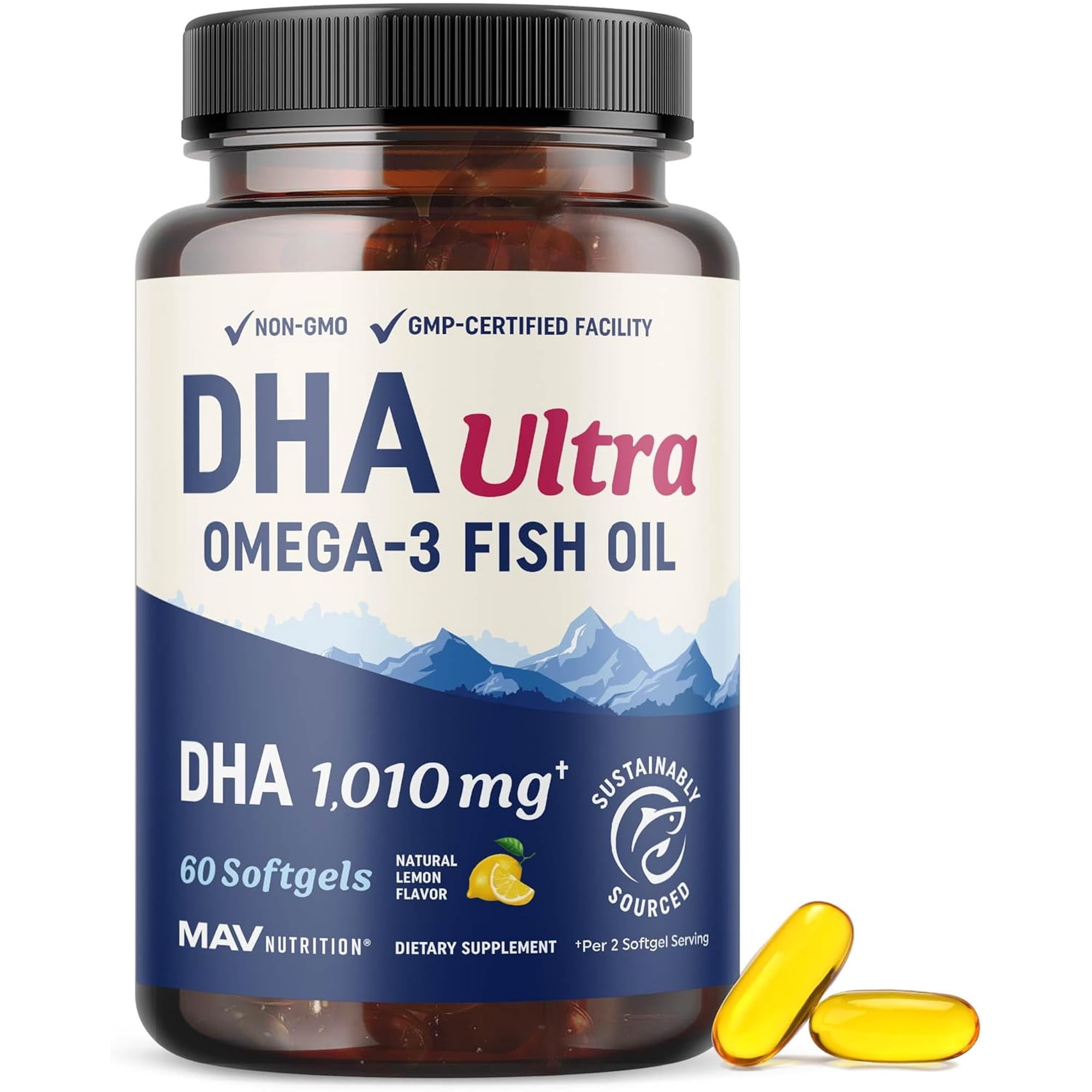 MAV Nutrition DHA Omega 3 Fish Oil Supplements for Brain & Eye Health, 1,010 mg, 60 Count