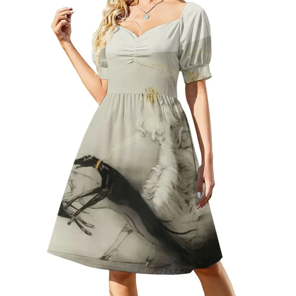 Ilustración de arte vintage Mujer paseando a sus perros galgos Vestido de manga corta Vestidos Vestido de verano para mujer