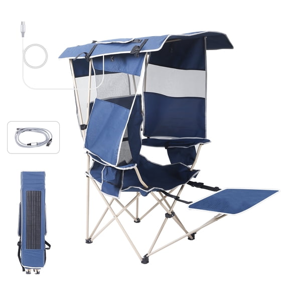 Navy Folding Camping Chair with 30W Solar Canopy, USB/Type-C/DC Charging, Removable Footrest & Cooler Bag
