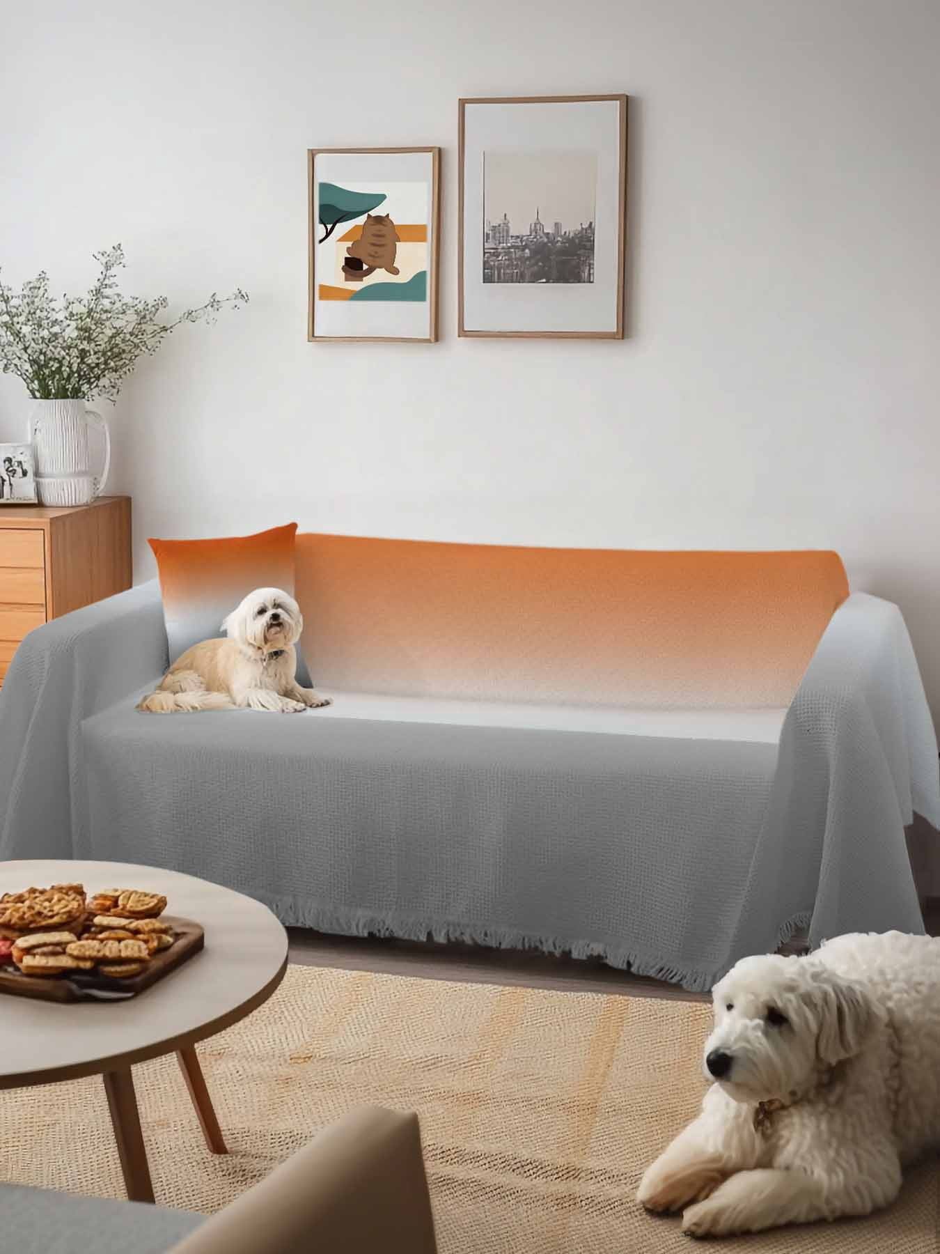 Burnt Orange Gray Ombre Couch Cover, Modern Gradient Abstract Art Oversized Sofa Cover Blanket for 3 Cushion Couch, Sectional Sofa Slipcover Furniture Protector for Living Room Bedroom 71''x150''