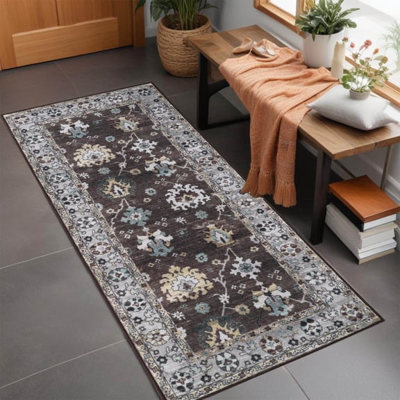 Superior Nuka Classic Floral Washable Indoor Runner Rug, 2' 7" x 6', Brown/ Grey