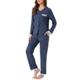 thumbnail image 4 of Womens Pajamas Sets Lace Trim Long Sleeve Button Down Sleepwear Elastic Waist Pant Loungewear with Pockets 2XL Dark Blue, 4 of 6