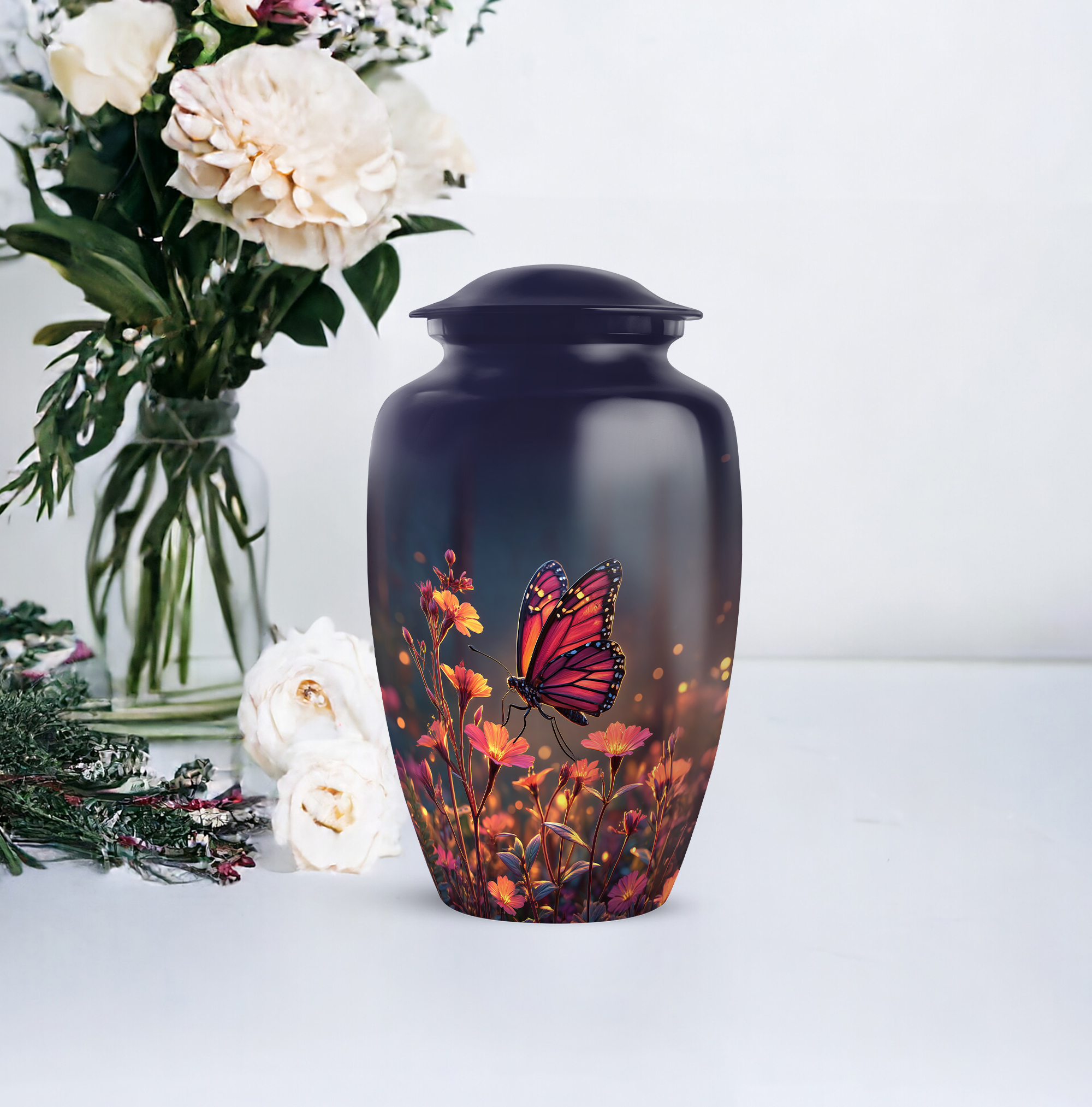 Butterfly Flowers Cremation Urn For Human Ashes Adult Male - 1 Large Urn For Human Asshes For Women - Pink Mini Urns For Mother And Father Set Of 4 - Blue Urns For Adults Brother (10&3) Inch