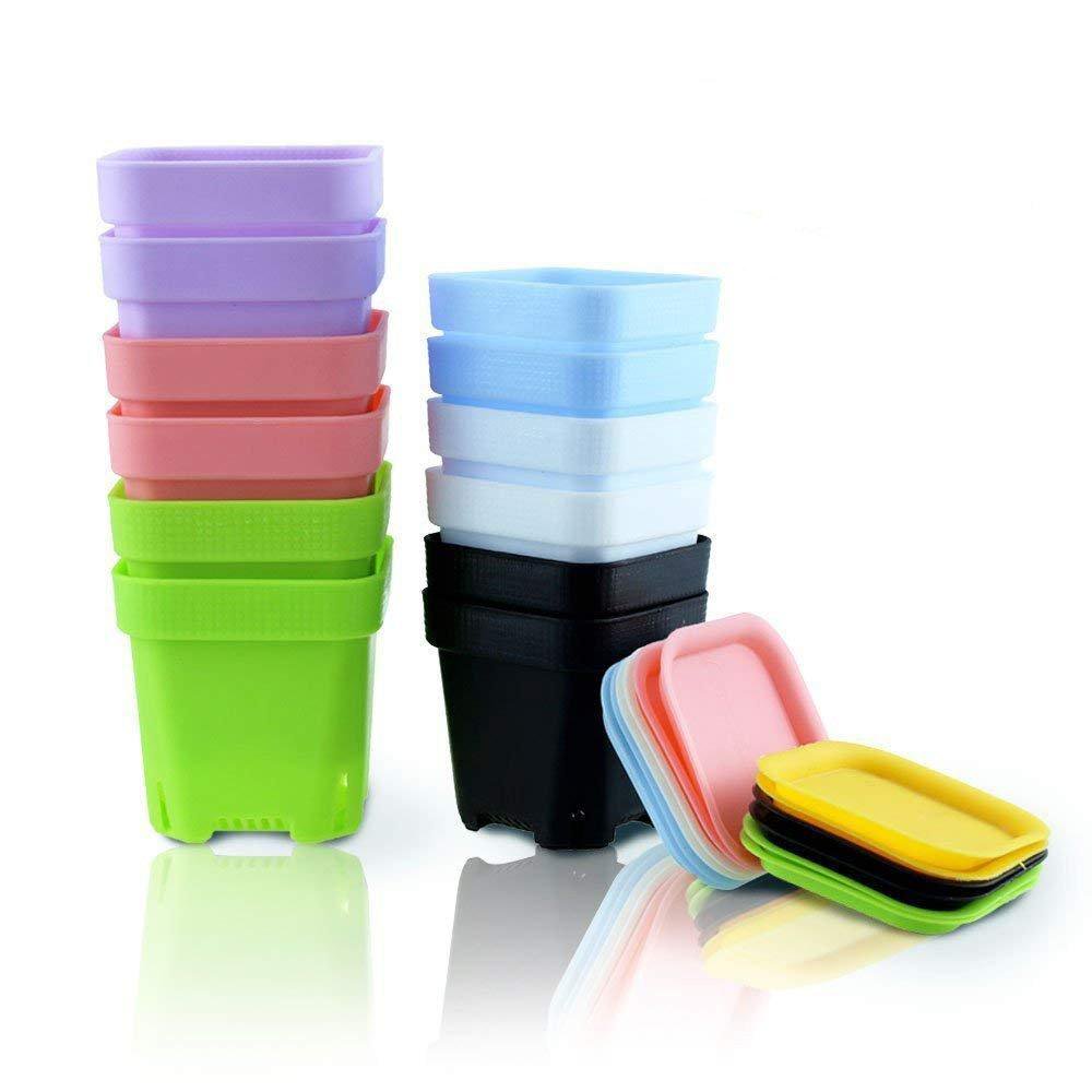 Etmact 24Pcs Thicken Colorful Square Plastic Plant Pot, Flower Pots (12pcs) with Saucers (12pcs