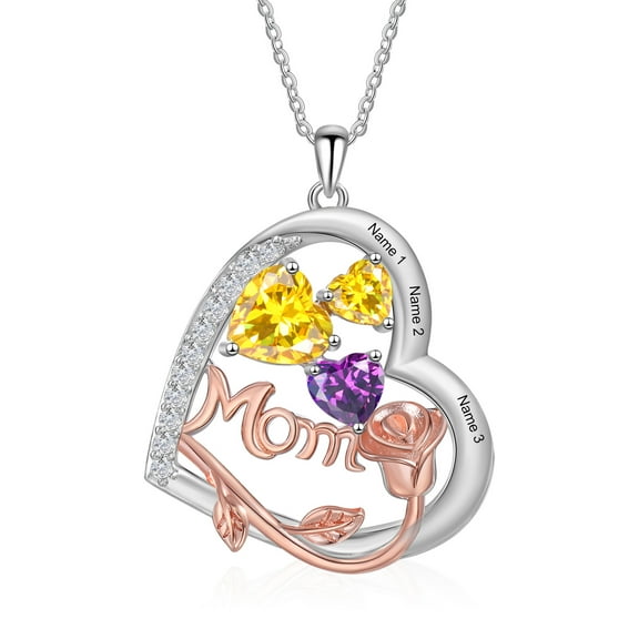 Mementos Customized Heart Family Women's (Mother) Necklace Sterling Silver with 3 Birthstones Names