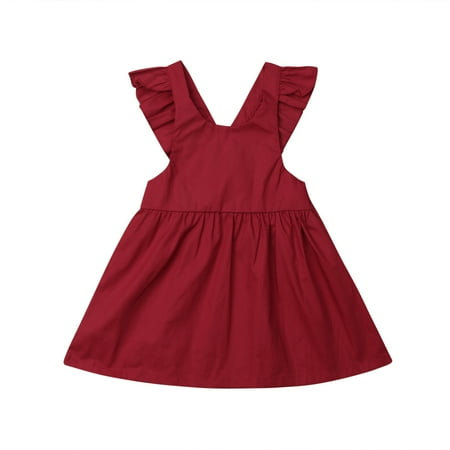 

Canrulo Baby Girls Dress Ruffle Flying Sleeve Backless Cotton Strap Sundress Red 1-2 Years