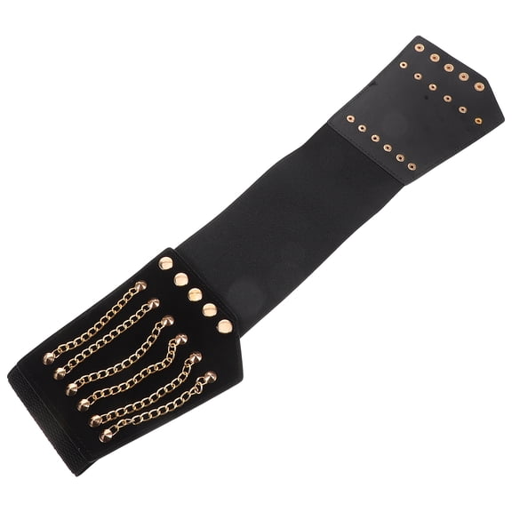 LOLIPPYY Black Punk Waist Belt with Wide Elastic Band, Rivet Chain Eyelets for Stylish and Comfortable Fit