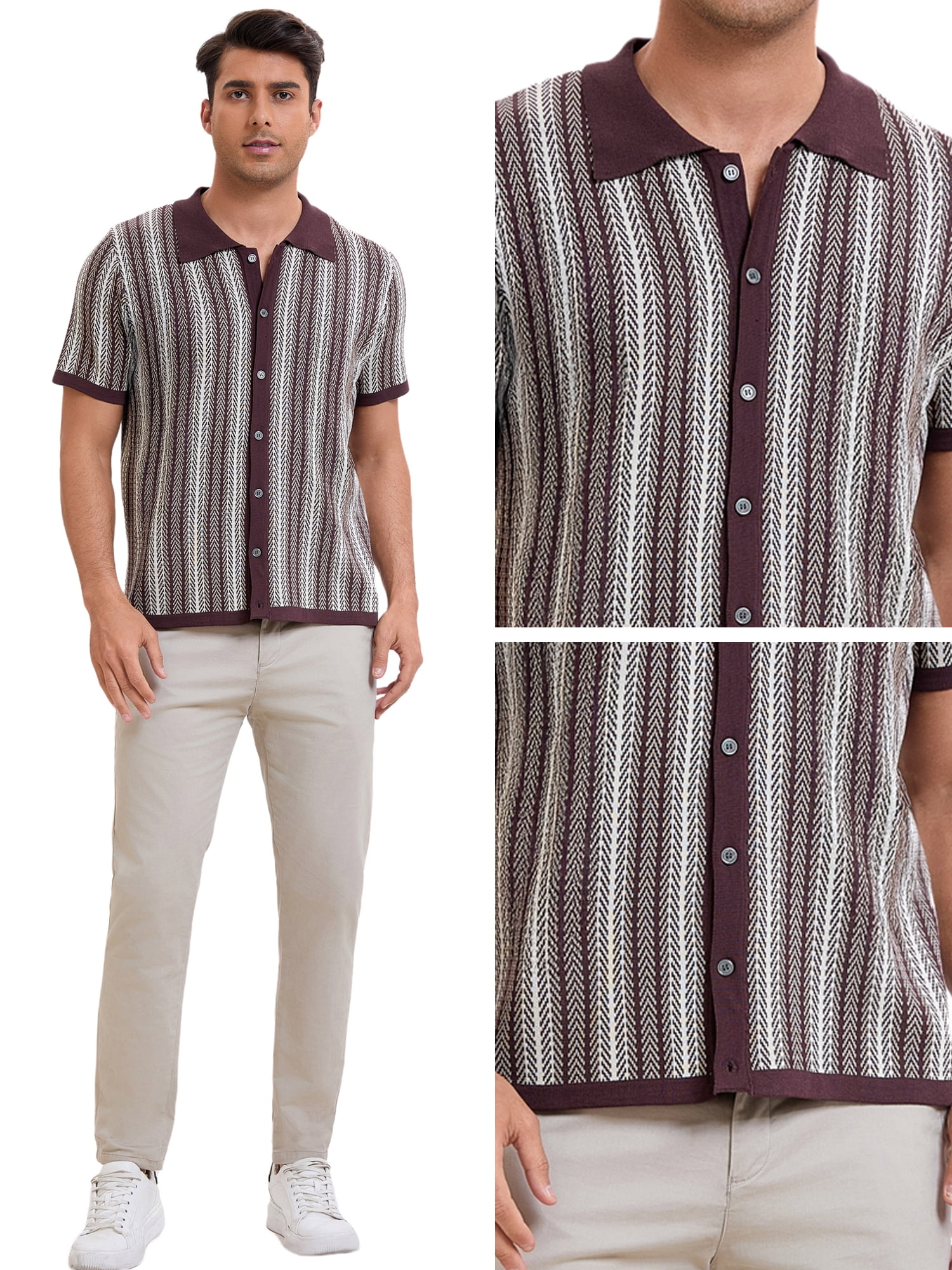 DARING DIVA Men's Striped Short Sleeves Button Down Jacquard Polo Shirts XL Light Brown