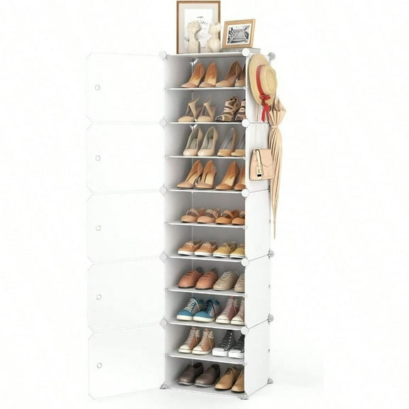 10 Tiers Tall Shoe Rack 20 Pair Shoe Organizer Narrow Shoe Rack with Door Portable Shoe Storage Cabinet with Hooks Sturdy Plastic White Shoe Shelf for Entryway and Bedroom