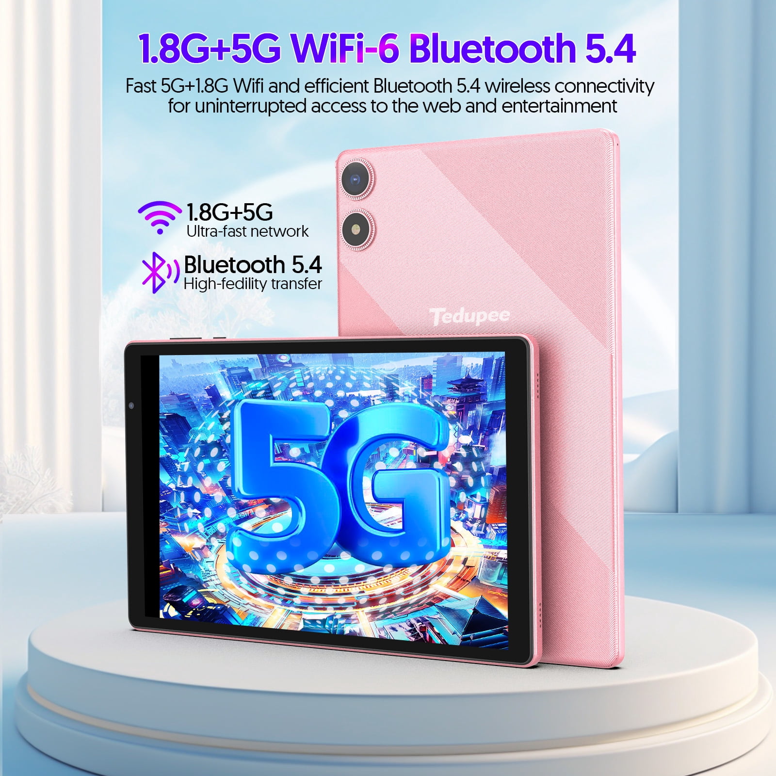 Android 16 Tablet, 10.1 inch, Five-core CPU, RAM 3GB, ROM 32GB (Up to 1TB), 800x1280 IPS, 5G WiFi 6, 2MP+2MP, 6000mAh--Pink