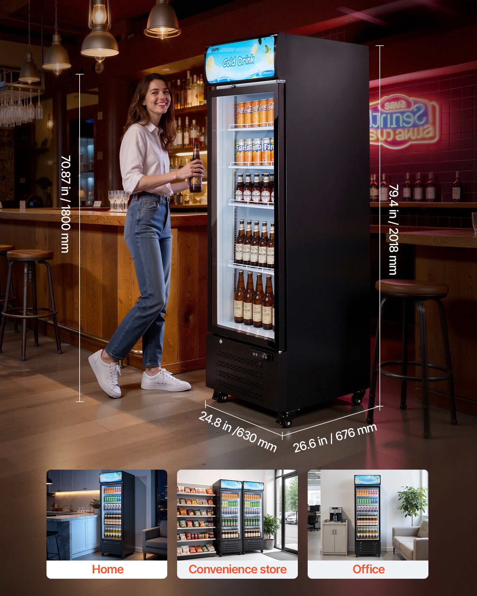 VEVOR Commercial Merchandiser Refrigerator, 15.9 Cu.Ft / 450 L Glass Door Display Refrigerator, Upright Beverage Cooler with Customizable Lightbox,4 Adjustable Shelves & Soft LED Light for Home Shops