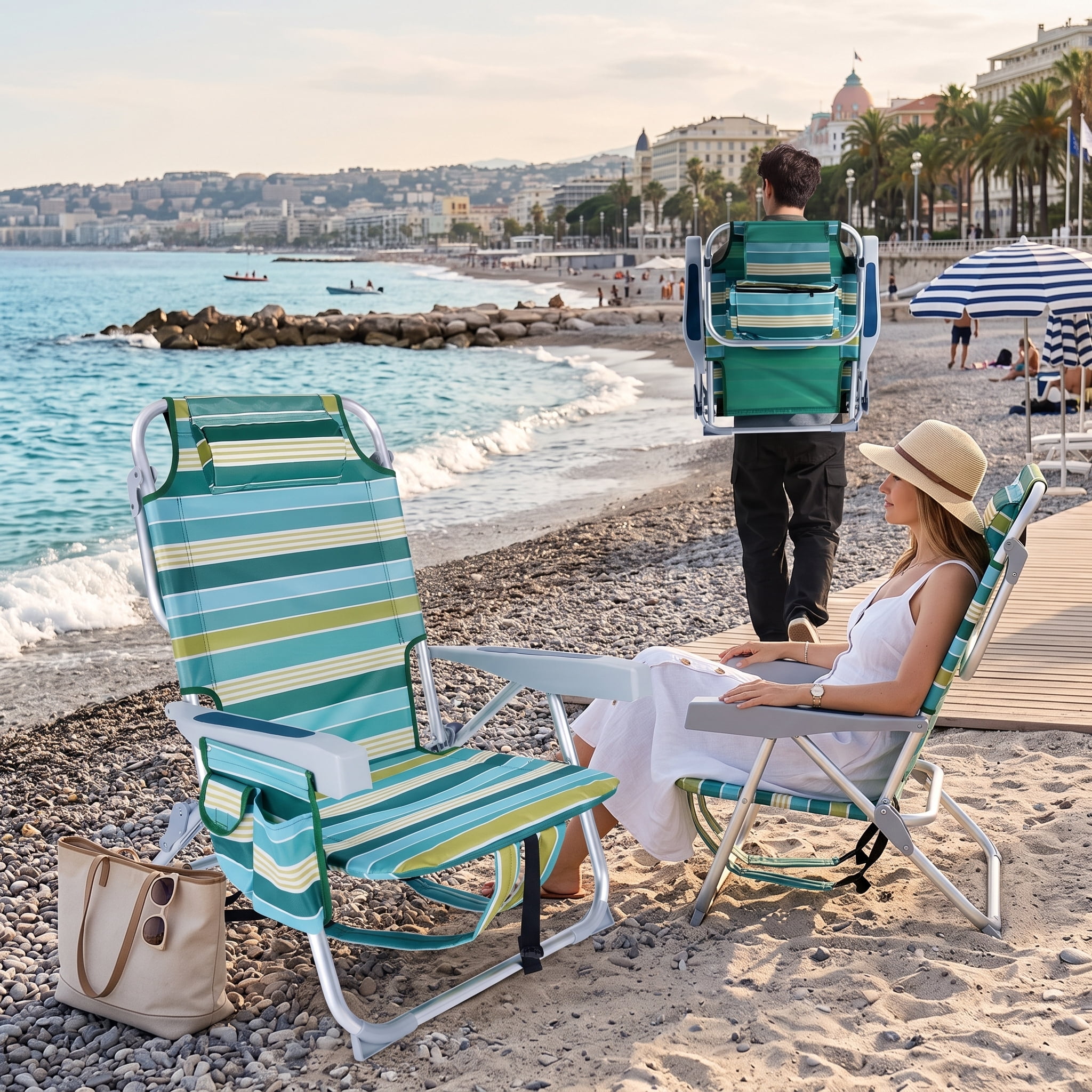 5-Position Adjustable Backpack Beach Chair with Storage Bag, Cooler Pouch & Side Bags, Ideal for Beach, Pool, Lawn