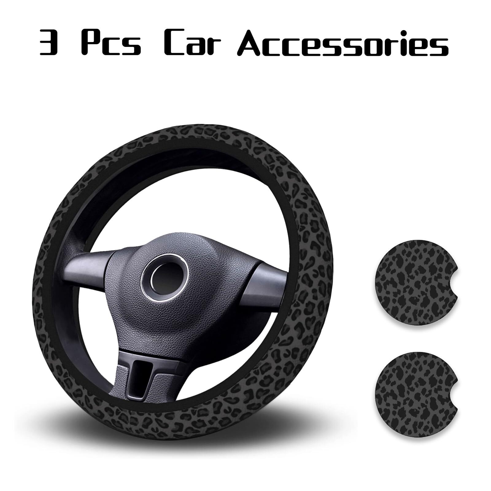 Car Steering Wheel Cover with 2 Pcs Car Coasters, Black Leopard Cheetah Print Car Accessories Decorations for Women, Fit 14.5-15 Inch Auto, Suvs, Truck