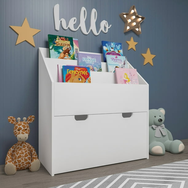 Bornmio Kids Bookshelf with Drawer and Wheels, Children's Book Display, Wooden Bookcase, Toy