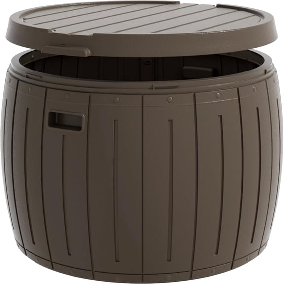 ZZMTIME 33 Gallon Round Deck Box, Patio Side Table for Cushion, Picnic Bucket, Small Bench Seat, All-Weather & Portable, Brown