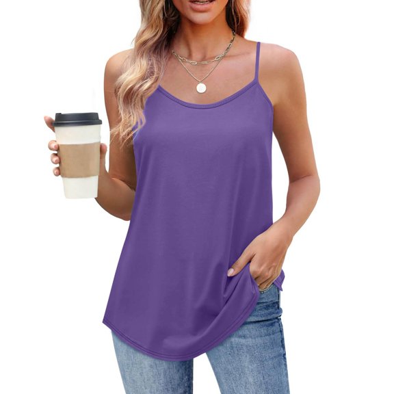 Vibrex Round Neck Tank Tops for Women Summer Spaghetti Strap Sleeveless Shirts Women's Fashion Solid Color Tank Loose Summer Beach Vacation Clothes