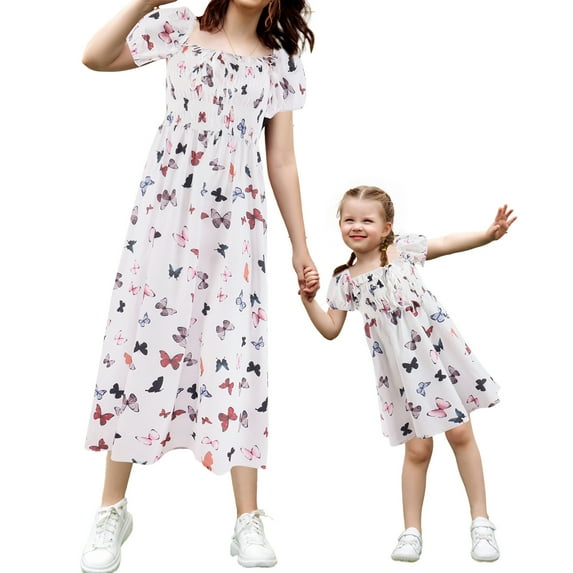 Liacowi Mommy and Me Summer Dresses Ruffle Short Sleeve Butterfly Print A-Lined High Waist Midi Sundress for Women&Girls